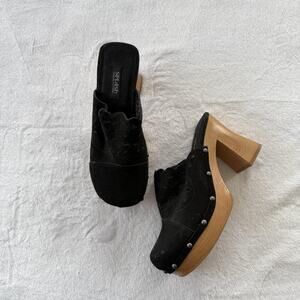 SPLASH Heel Mules Womens Size 7.5 Black Leather Studded Block Platform Clog